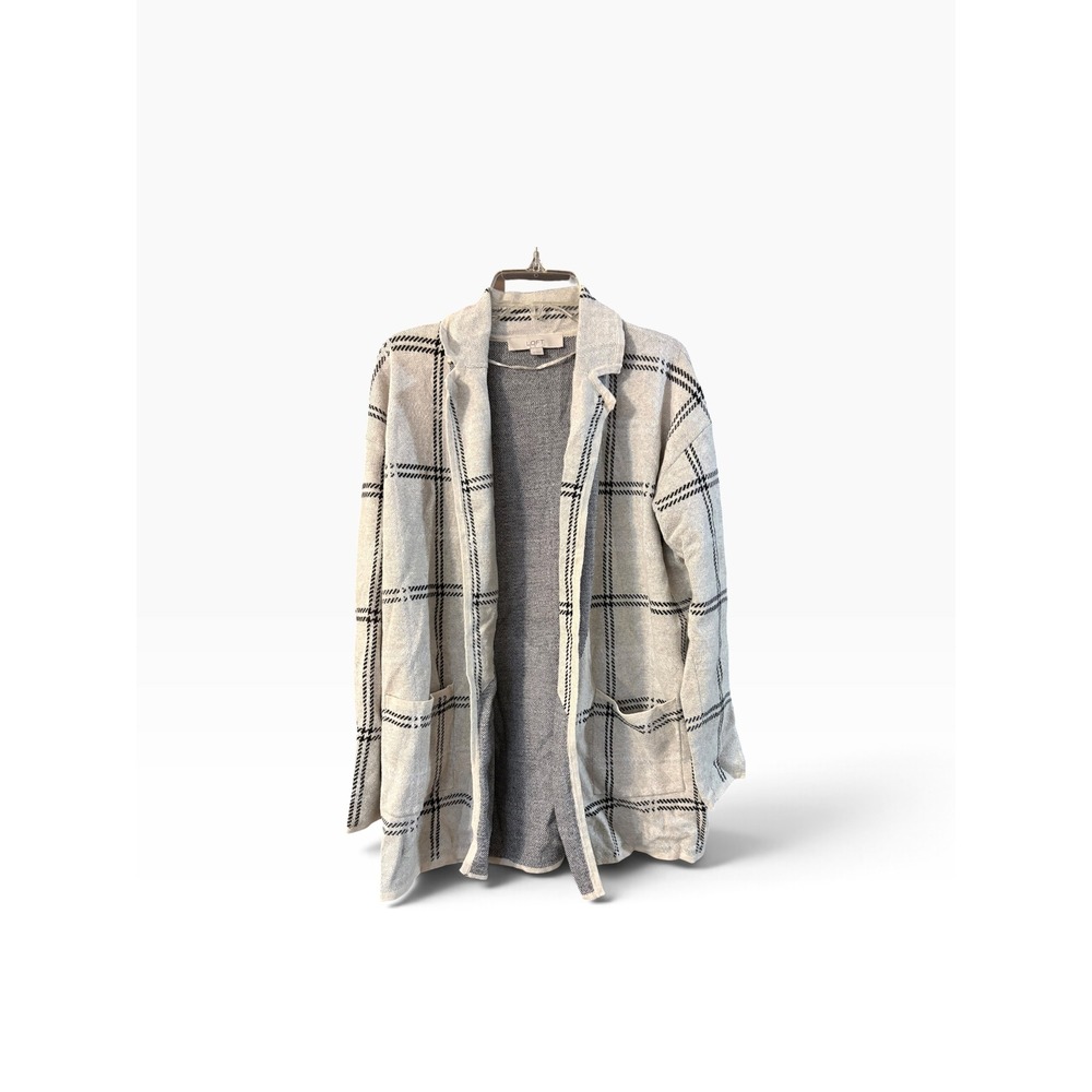 Loft Womens XS Plaid Open Front Cardigan Sweater Cream Black Windowpane Coatigan